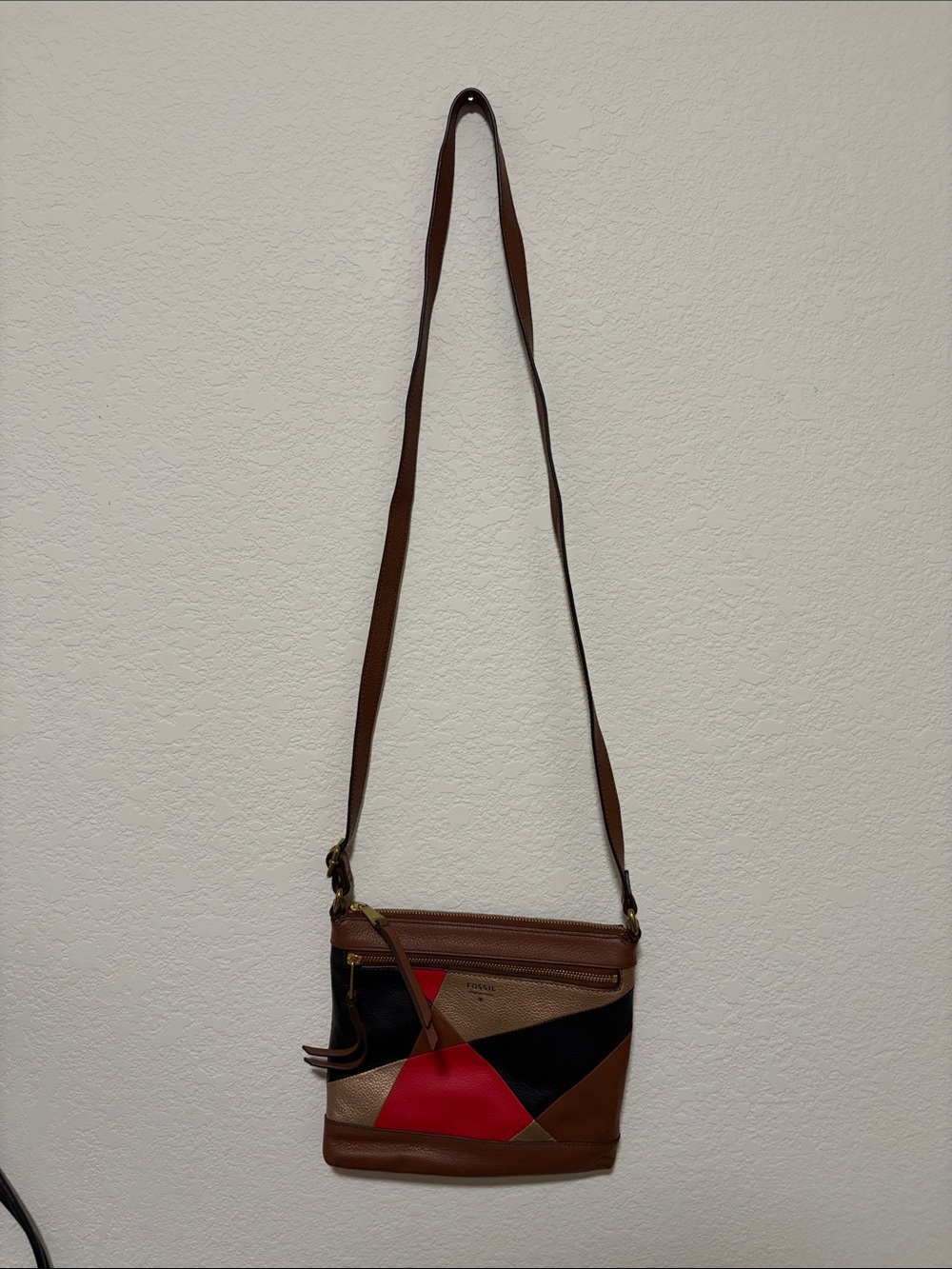 Fossil Patchwork Leather Crossbody Bag in Brown, Red, Black